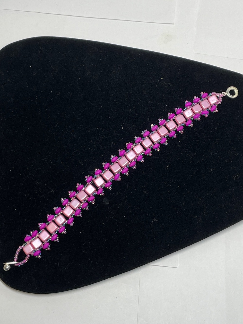 Handmade Iridescent Pink Magenta Blue Seed Bead Cuff Bracelet Ball Closure